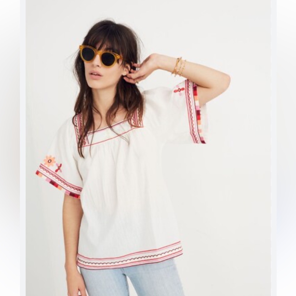 Madewell White Embroidered Peasant Blouse with Pink & Orange Trim